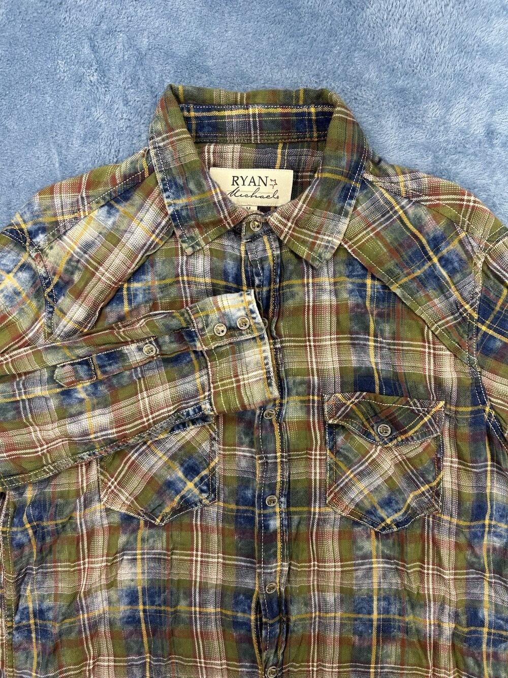 Ryan Michael Perl Snap Shirt Mens Medium Blue Plaid Linen Blend Western Cowboy